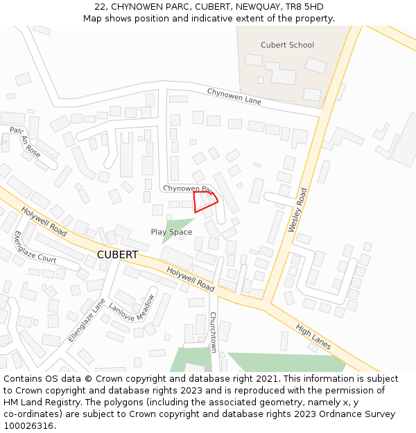 22, CHYNOWEN PARC, CUBERT, NEWQUAY, TR8 5HD: Location map and indicative extent of plot