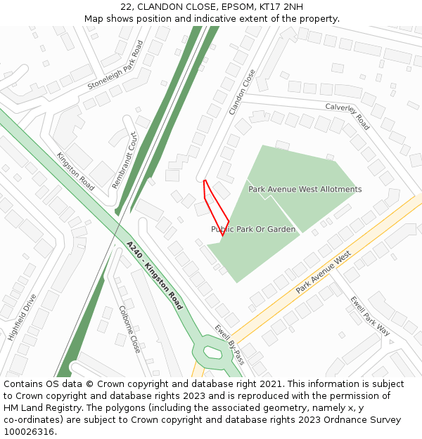 22, CLANDON CLOSE, EPSOM, KT17 2NH: Location map and indicative extent of plot
