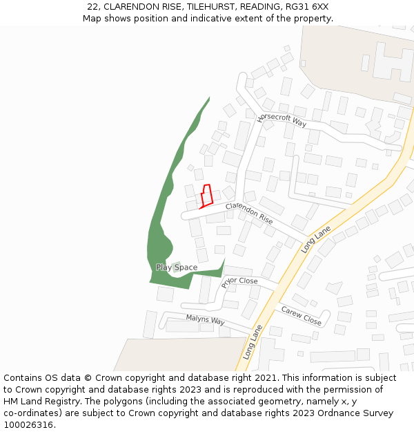 22, CLARENDON RISE, TILEHURST, READING, RG31 6XX: Location map and indicative extent of plot