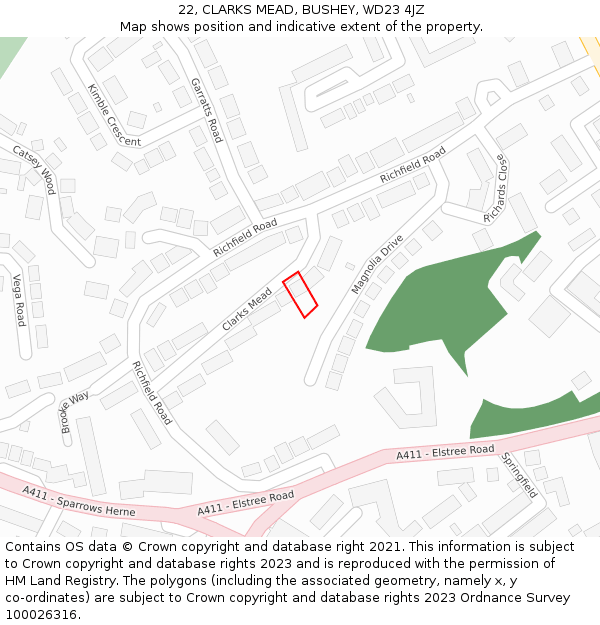22, CLARKS MEAD, BUSHEY, WD23 4JZ: Location map and indicative extent of plot
