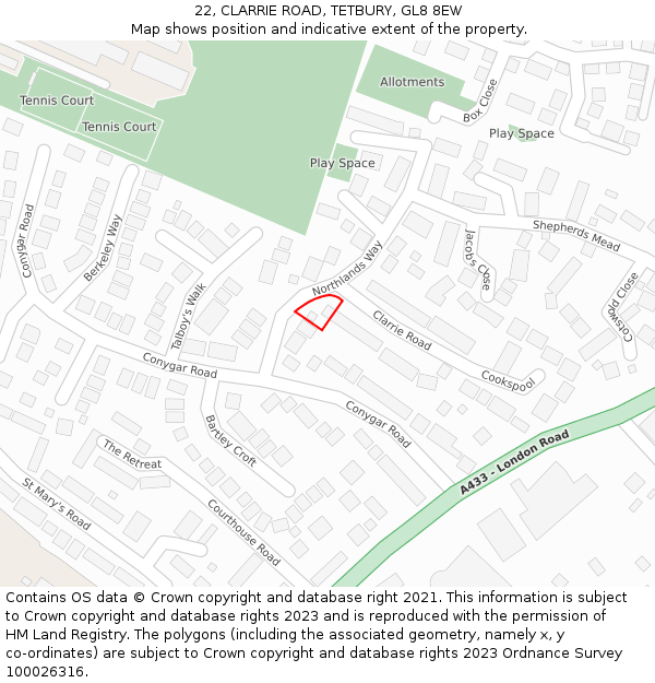 22, CLARRIE ROAD, TETBURY, GL8 8EW: Location map and indicative extent of plot