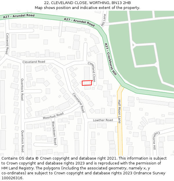 22, CLEVELAND CLOSE, WORTHING, BN13 2HB: Location map and indicative extent of plot