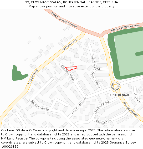 22, CLOS NANT MWLAN, PONTPRENNAU, CARDIFF, CF23 8NA: Location map and indicative extent of plot