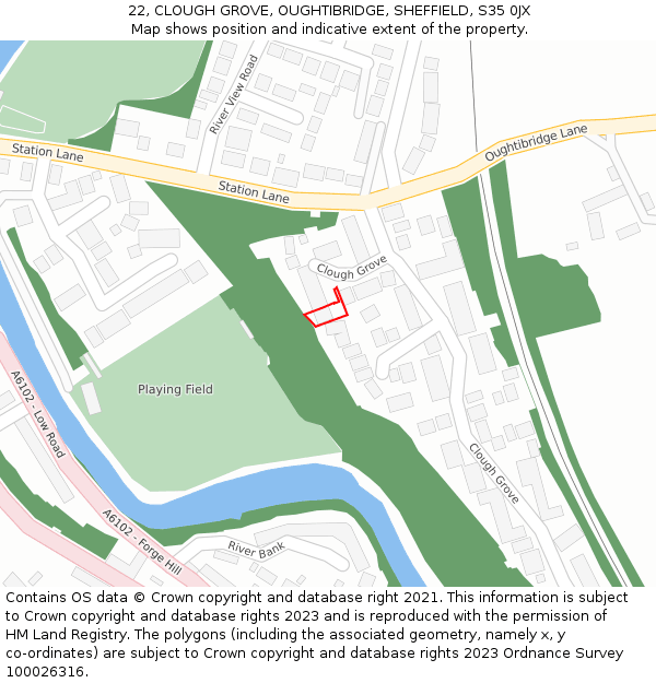 22, CLOUGH GROVE, OUGHTIBRIDGE, SHEFFIELD, S35 0JX: Location map and indicative extent of plot