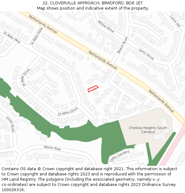 22, CLOVERVILLE APPROACH, BRADFORD, BD6 1ET: Location map and indicative extent of plot