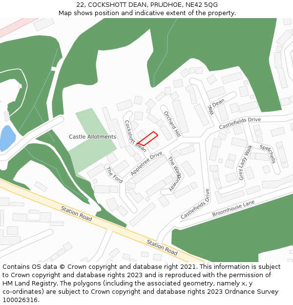 22, COCKSHOTT DEAN, PRUDHOE, NE42 5QG: Location map and indicative extent of plot
