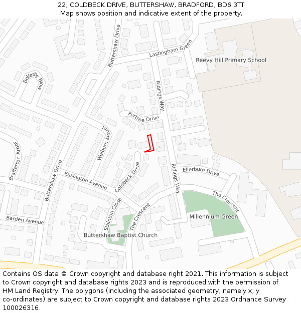 22, COLDBECK DRIVE, BUTTERSHAW, BRADFORD, BD6 3TT: Location map and indicative extent of plot