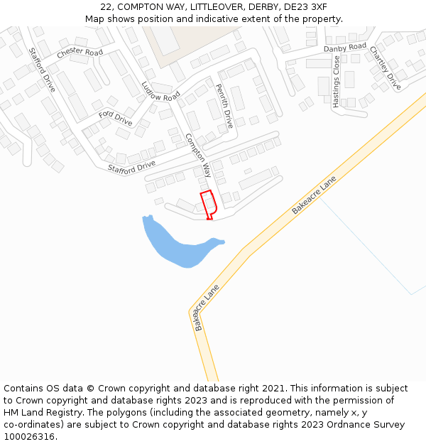 22, COMPTON WAY, LITTLEOVER, DERBY, DE23 3XF: Location map and indicative extent of plot