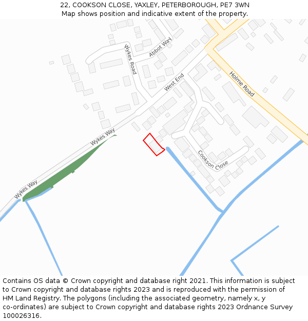 22, COOKSON CLOSE, YAXLEY, PETERBOROUGH, PE7 3WN: Location map and indicative extent of plot