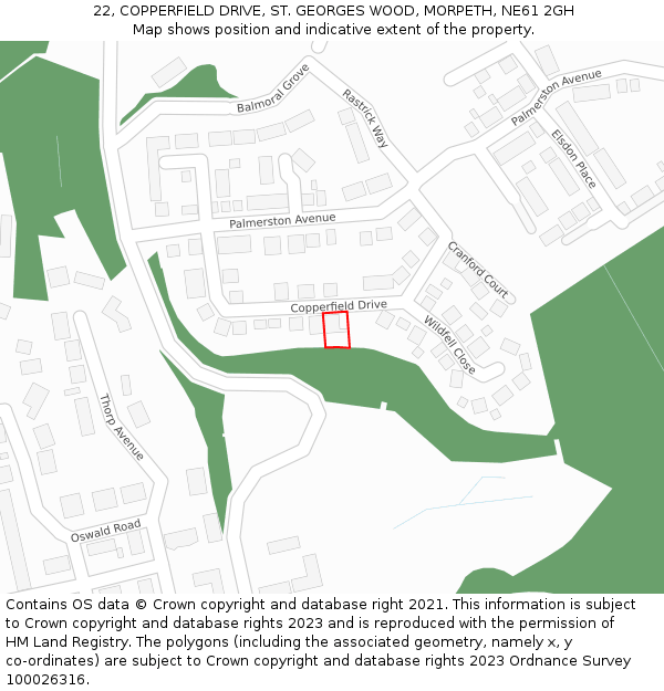 22, COPPERFIELD DRIVE, ST. GEORGES WOOD, MORPETH, NE61 2GH: Location map and indicative extent of plot
