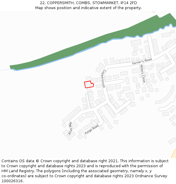 22, COPPERSMITH, COMBS, STOWMARKET, IP14 2FD: Location map and indicative extent of plot