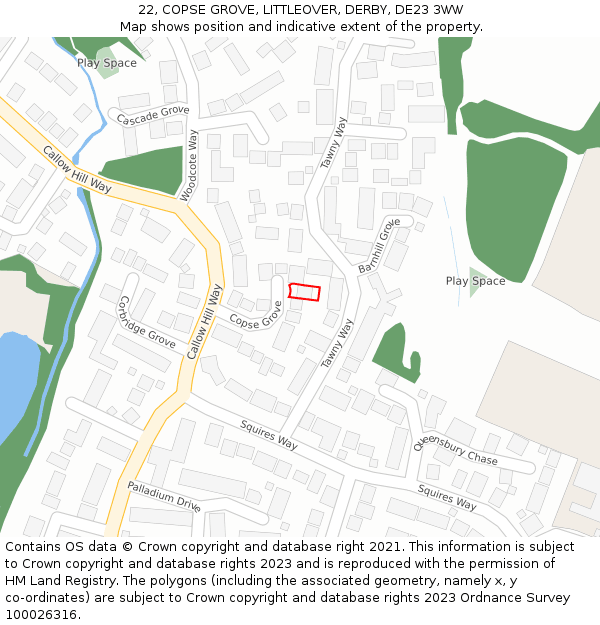 22, COPSE GROVE, LITTLEOVER, DERBY, DE23 3WW: Location map and indicative extent of plot