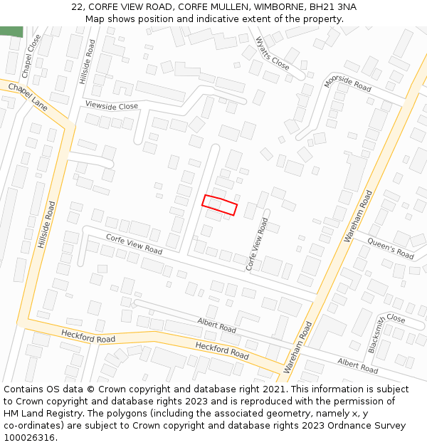22, CORFE VIEW ROAD, CORFE MULLEN, WIMBORNE, BH21 3NA: Location map and indicative extent of plot