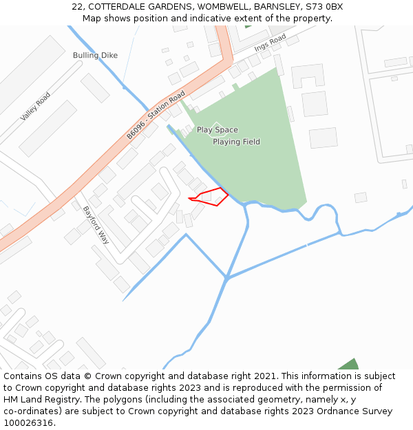22, COTTERDALE GARDENS, WOMBWELL, BARNSLEY, S73 0BX: Location map and indicative extent of plot