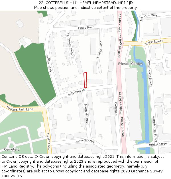 22, COTTERELLS HILL, HEMEL HEMPSTEAD, HP1 1JD: Location map and indicative extent of plot