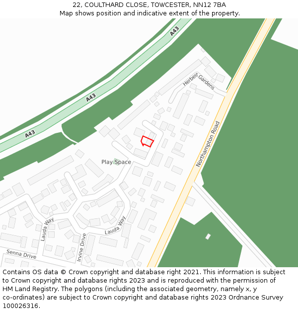 22, COULTHARD CLOSE, TOWCESTER, NN12 7BA: Location map and indicative extent of plot