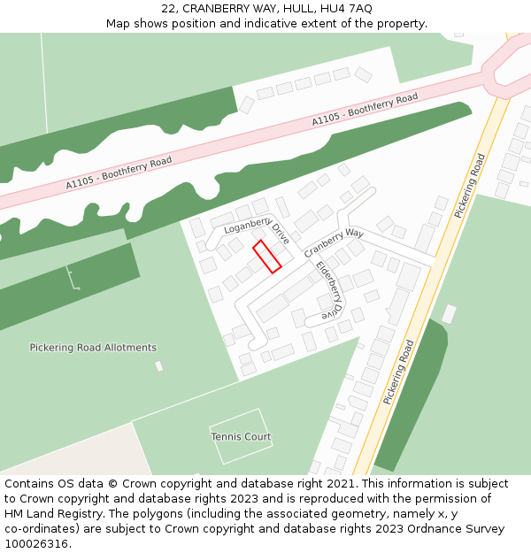 22, CRANBERRY WAY, HULL, HU4 7AQ: Location map and indicative extent of plot