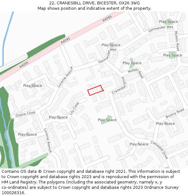 22, CRANESBILL DRIVE, BICESTER, OX26 3WG: Location map and indicative extent of plot