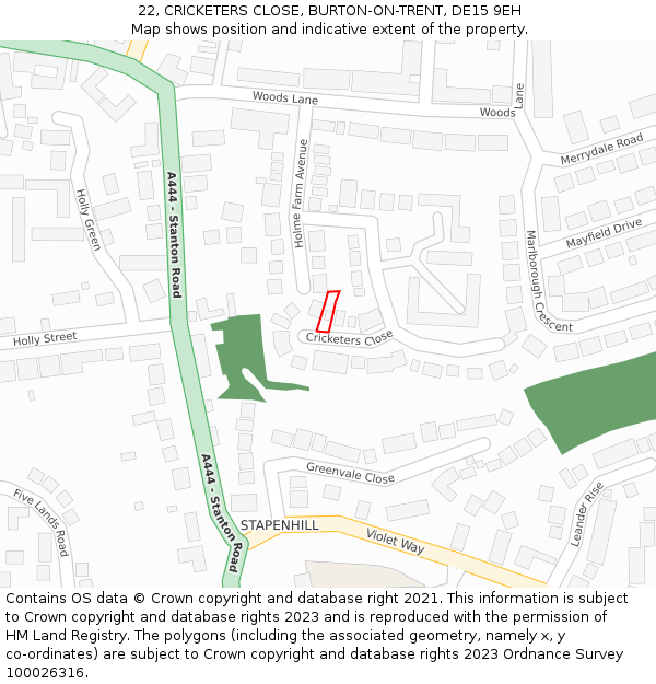 22, CRICKETERS CLOSE, BURTON-ON-TRENT, DE15 9EH: Location map and indicative extent of plot