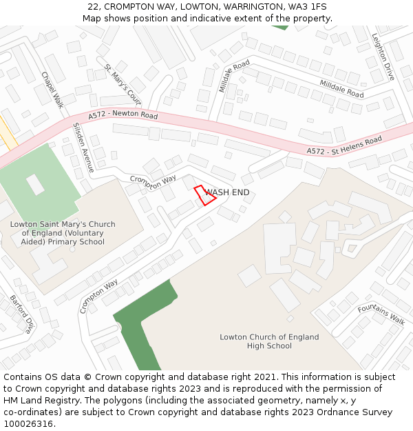 22, CROMPTON WAY, LOWTON, WARRINGTON, WA3 1FS: Location map and indicative extent of plot