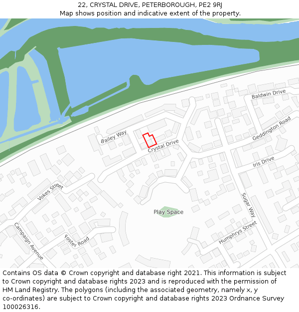 22, CRYSTAL DRIVE, PETERBOROUGH, PE2 9RJ: Location map and indicative extent of plot