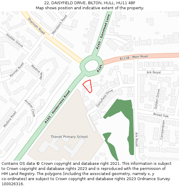 22, DAISYFIELD DRIVE, BILTON, HULL, HU11 4BF: Location map and indicative extent of plot