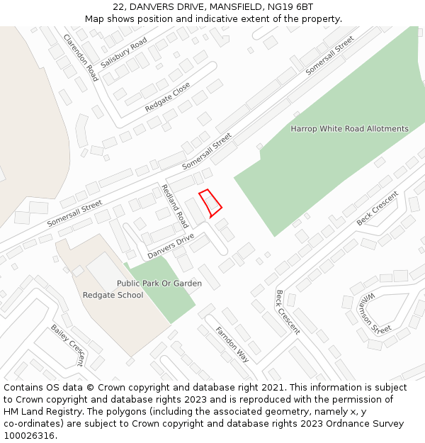 22, DANVERS DRIVE, MANSFIELD, NG19 6BT: Location map and indicative extent of plot