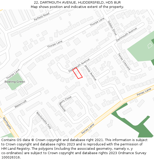 22, DARTMOUTH AVENUE, HUDDERSFIELD, HD5 8UR: Location map and indicative extent of plot