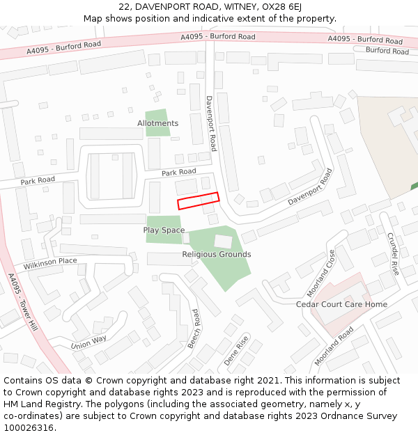 22, DAVENPORT ROAD, WITNEY, OX28 6EJ: Location map and indicative extent of plot