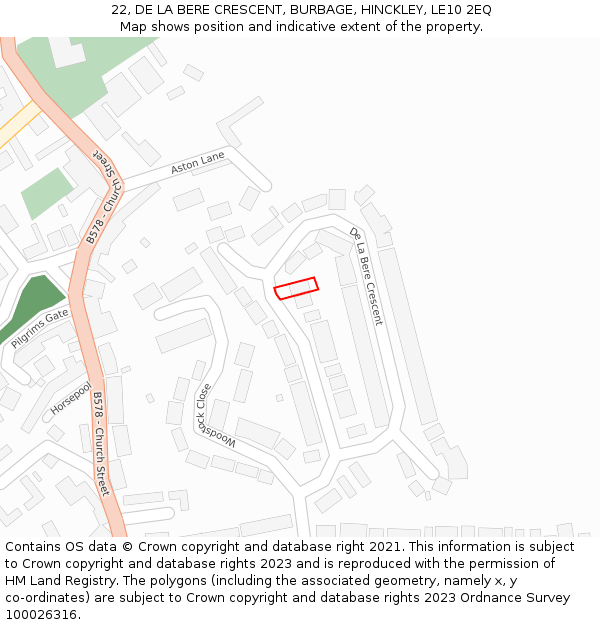 22, DE LA BERE CRESCENT, BURBAGE, HINCKLEY, LE10 2EQ: Location map and indicative extent of plot