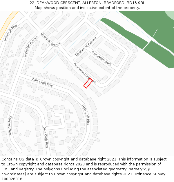 22, DEANWOOD CRESCENT, ALLERTON, BRADFORD, BD15 9BL: Location map and indicative extent of plot