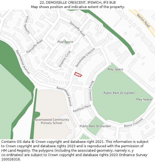 22, DEMOISELLE CRESCENT, IPSWICH, IP3 9UE: Location map and indicative extent of plot