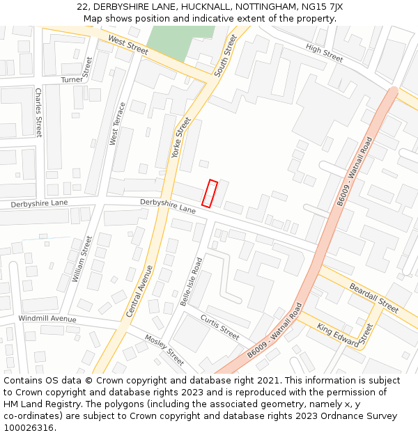 22, DERBYSHIRE LANE, HUCKNALL, NOTTINGHAM, NG15 7JX: Location map and indicative extent of plot