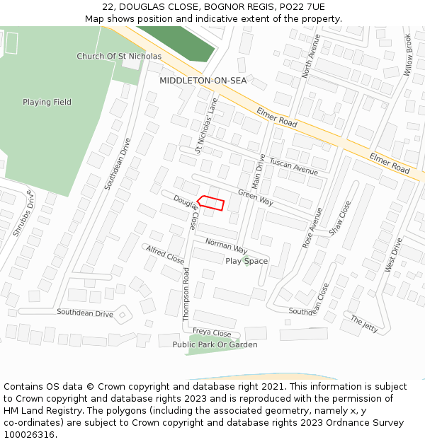 22, DOUGLAS CLOSE, BOGNOR REGIS, PO22 7UE: Location map and indicative extent of plot