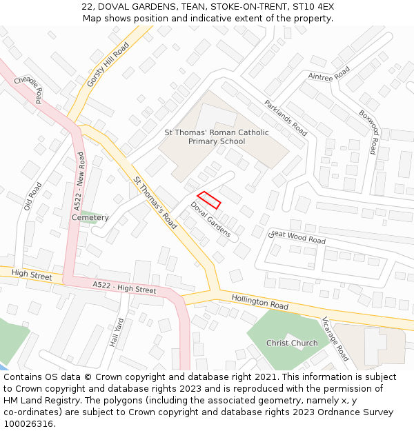 22, DOVAL GARDENS, TEAN, STOKE-ON-TRENT, ST10 4EX: Location map and indicative extent of plot