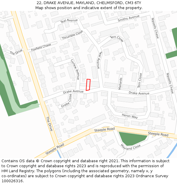 22, DRAKE AVENUE, MAYLAND, CHELMSFORD, CM3 6TY: Location map and indicative extent of plot