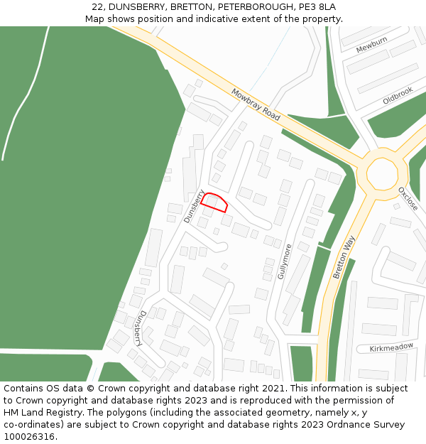 22, DUNSBERRY, BRETTON, PETERBOROUGH, PE3 8LA: Location map and indicative extent of plot