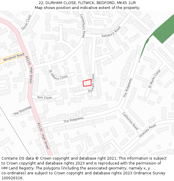22, DURHAM CLOSE, FLITWICK, BEDFORD, MK45 1UR: Location map and indicative extent of plot