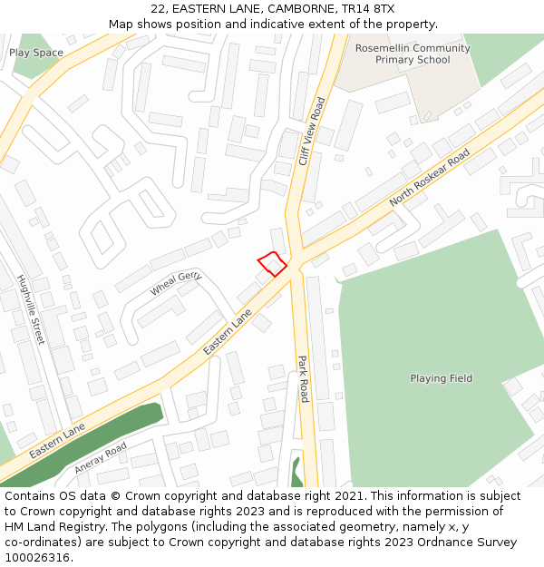 22, EASTERN LANE, CAMBORNE, TR14 8TX: Location map and indicative extent of plot