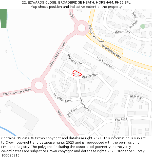 22, EDWARDS CLOSE, BROADBRIDGE HEATH, HORSHAM, RH12 3PL: Location map and indicative extent of plot