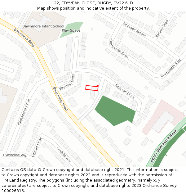 22, EDYVEAN CLOSE, RUGBY, CV22 6LD: Location map and indicative extent of plot