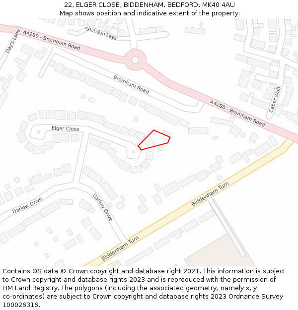 22, ELGER CLOSE, BIDDENHAM, BEDFORD, MK40 4AU: Location map and indicative extent of plot