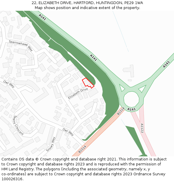 22, ELIZABETH DRIVE, HARTFORD, HUNTINGDON, PE29 1WA: Location map and indicative extent of plot