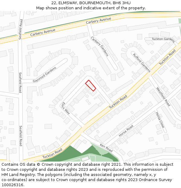 22, ELMSWAY, BOURNEMOUTH, BH6 3HU: Location map and indicative extent of plot