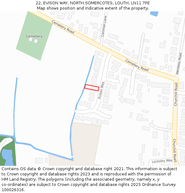 22, EVISON WAY, NORTH SOMERCOTES, LOUTH, LN11 7PE: Location map and indicative extent of plot