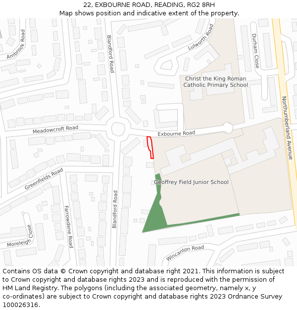 22, EXBOURNE ROAD, READING, RG2 8RH: Location map and indicative extent of plot