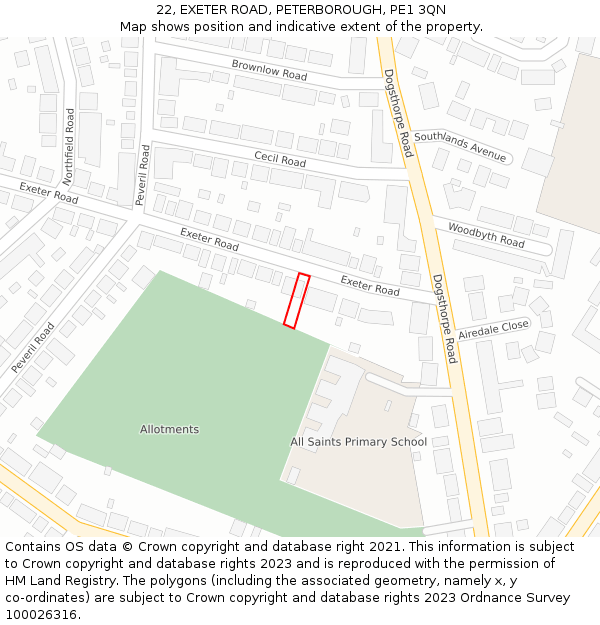 22, EXETER ROAD, PETERBOROUGH, PE1 3QN: Location map and indicative extent of plot