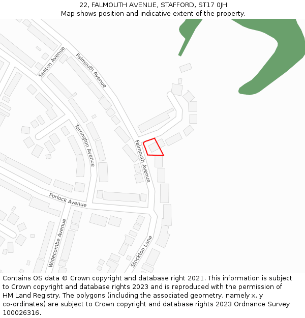 22, FALMOUTH AVENUE, STAFFORD, ST17 0JH: Location map and indicative extent of plot