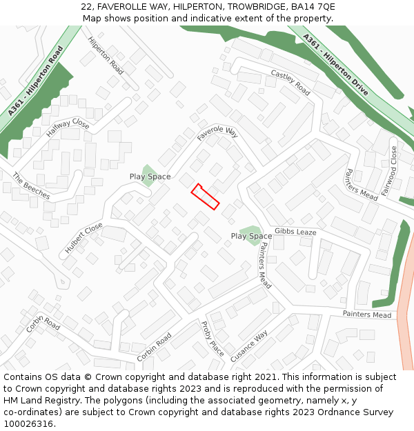 22, FAVEROLLE WAY, HILPERTON, TROWBRIDGE, BA14 7QE: Location map and indicative extent of plot