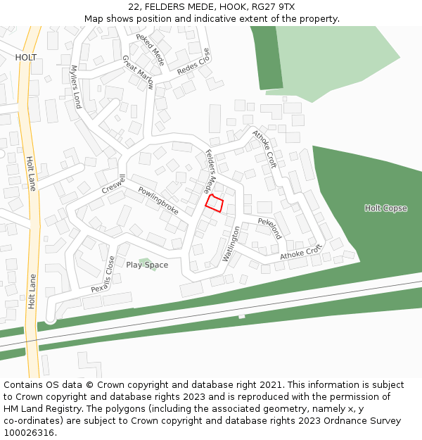 22, FELDERS MEDE, HOOK, RG27 9TX: Location map and indicative extent of plot
